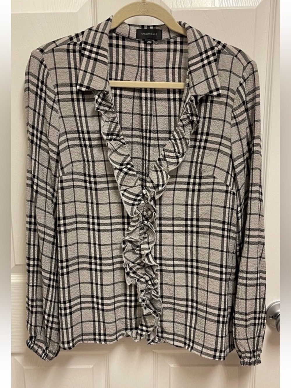 MAJORELLE Plaid Ruffle-Front Blouse. Sz Small